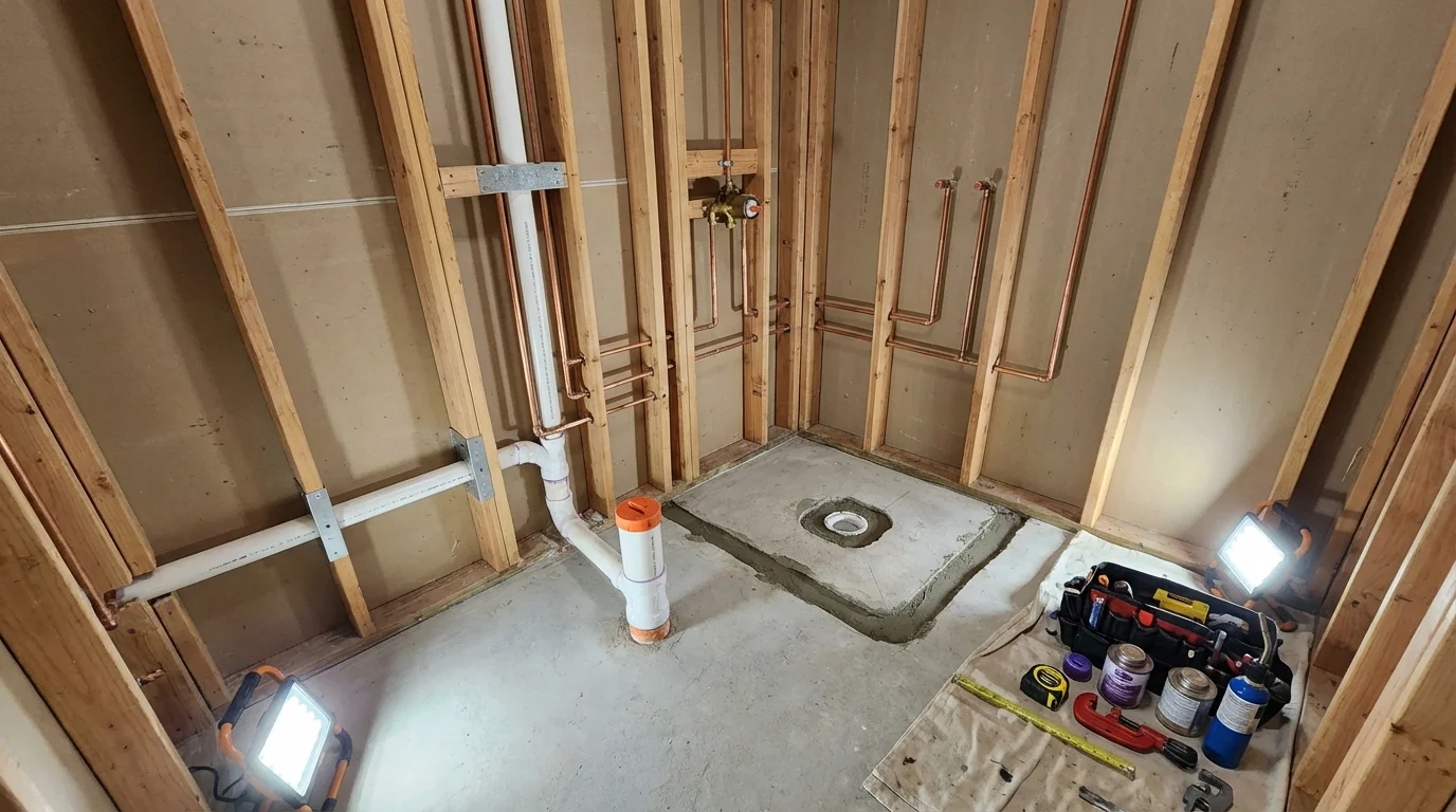 Bathroom rough-in plumbing during remodel by Johns Plumbing LLC in Hamlin