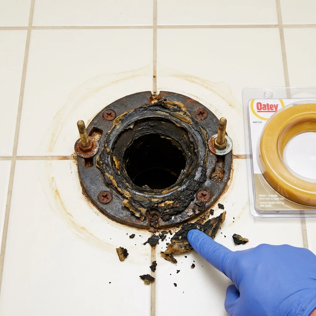 Failed wax ring showing water seepage at the base of a toilet in a Hamlin, WV home