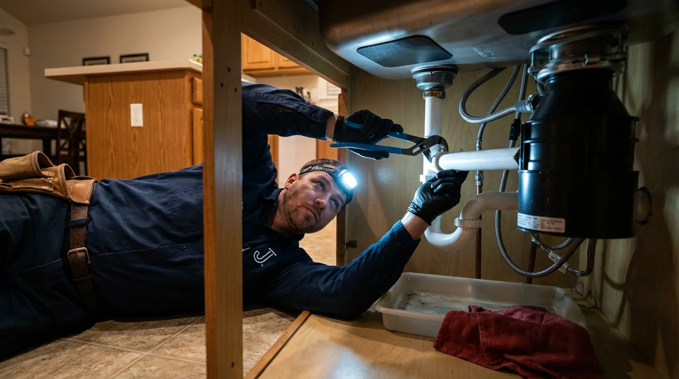P-trap and supply line connections under a kitchen sink showing a common leak point in Hamlin, WV